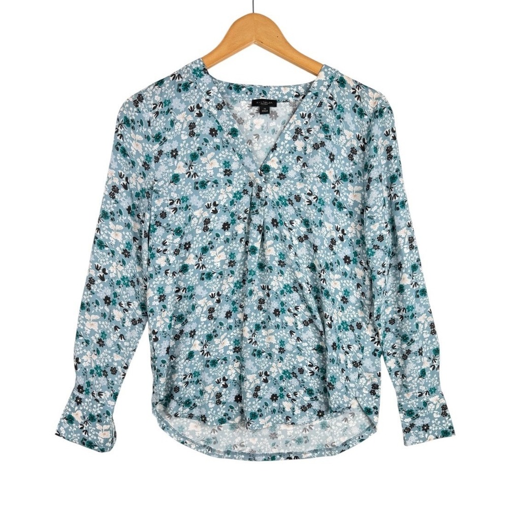 Ann Taylor Factory Womens Floral Print V Neck Long Sleeve Blouse Size XL Blue